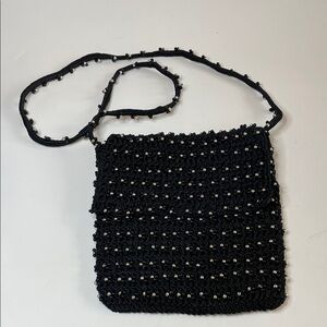 Vintage Black Gold Beaded Woven Purse Shoulder Crossbody Zipper Bag